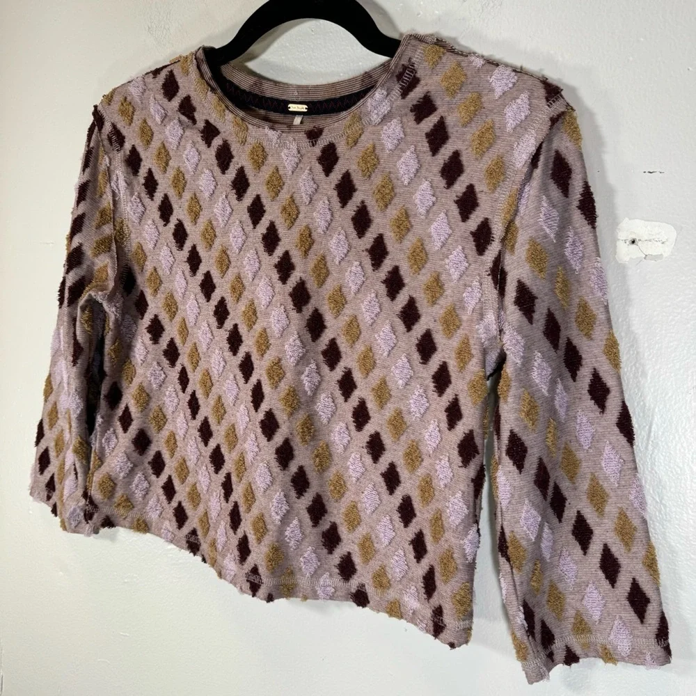free people crop top magic carpet blouse lavender burgundy diamond terry small